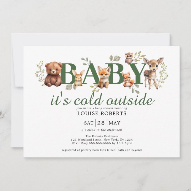 Invitation Hiver Bois Animaux Sage Baby shower de verdure (Devant)