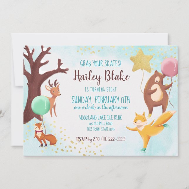 Invitation Hiver Bois Patinage sur glace Animaux sauvages Ann (Devant)