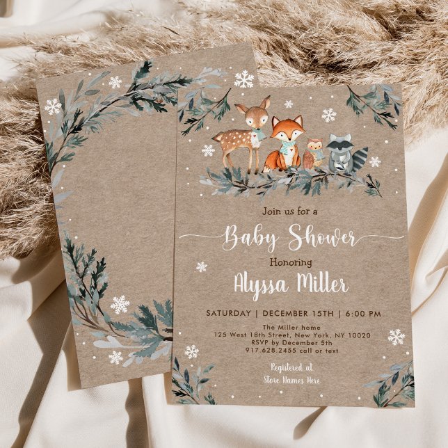 Invitation Hiver Bois Végétation Baby shower Flocon de neige (Créateur téléchargé)