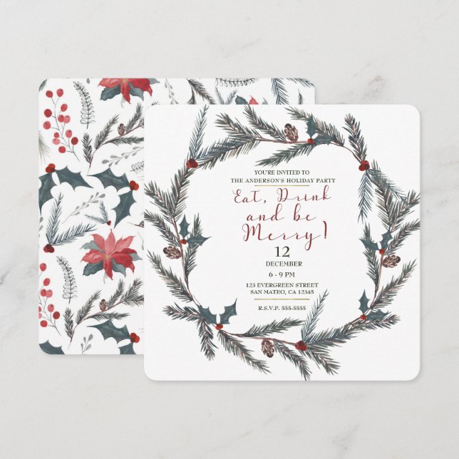 Invitation Hiver Botanique Pine Berry Manger Boire Boire Soye (Devant / Derrière)