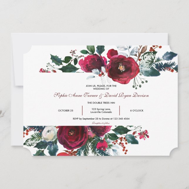 Invitation Hiver Bourgogne Floral Pine Frame Mariage (Devant)