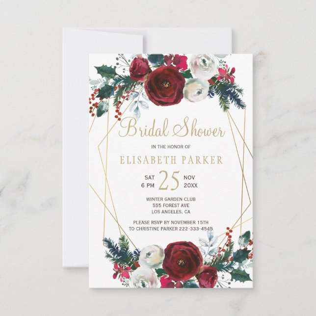Invitation Hiver burgundy or géométrique cadre nuptiale douch (Devant)