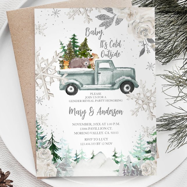 Invitation Hiver Camion Animal Blanc Floral Genre Révélation (Créateur téléchargé)