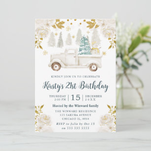 Invitation Hiver Camion blanc et or Fleur Anniversaire