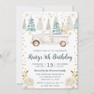 Invitation Hiver Camion Blanc & Or Floral Anniversaire