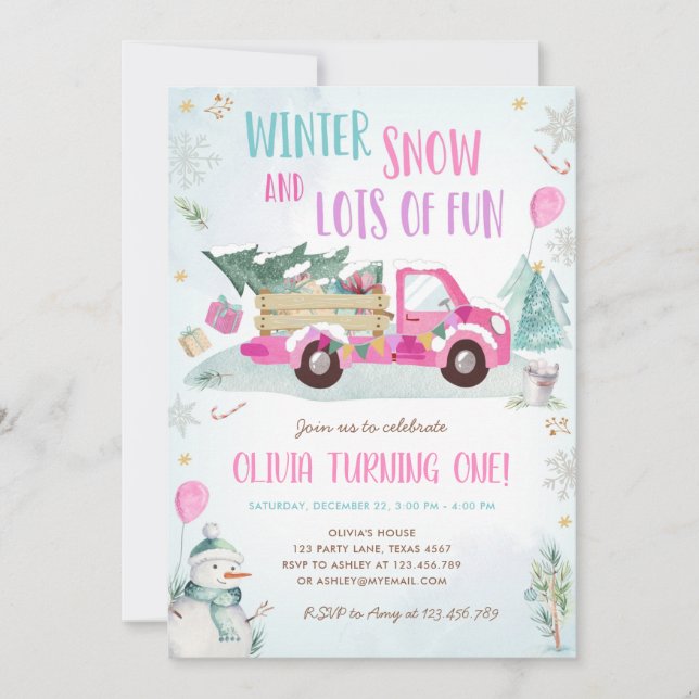 Invitation Hiver Camion rose Fun Fun Fun Fun Girl Premier Ann (Devant)