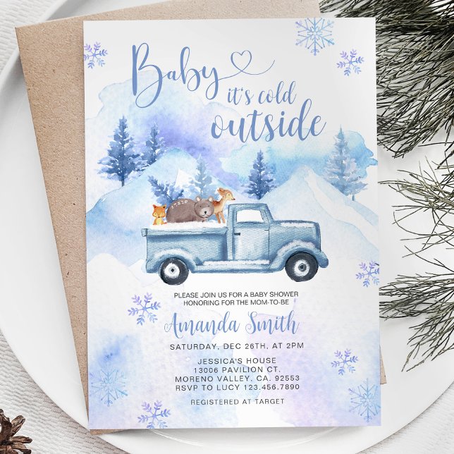 Invitation Hiver Camion Snowflakes Baby shower forestier (Créateur téléchargé)