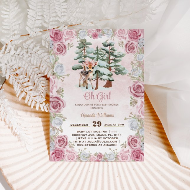 Invitation Hiver Cerf Oh Girl Floral Baby Girl Douche (Créateur téléchargé)