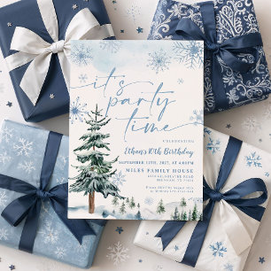 Invitation Hiver C'est l'heure de la fête, Bleu hiver Anniver