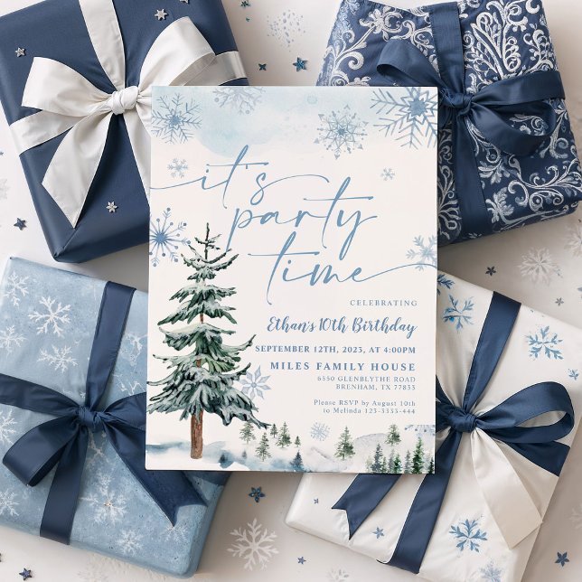 Invitation Hiver C'est l'heure de la fête, Bleu hiver Anniver (Créateur téléchargé)