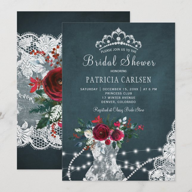 Invitation Hiver élégante rustique fleurie chic douche nuptia (Devant / Derrière)