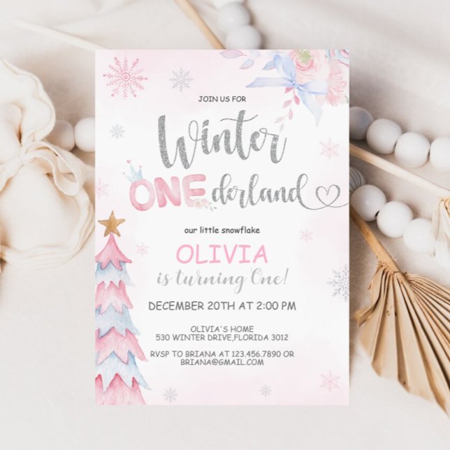 Invitation Hiver Fille Onederland Anniversaire rose Argent (Créateur téléchargé)