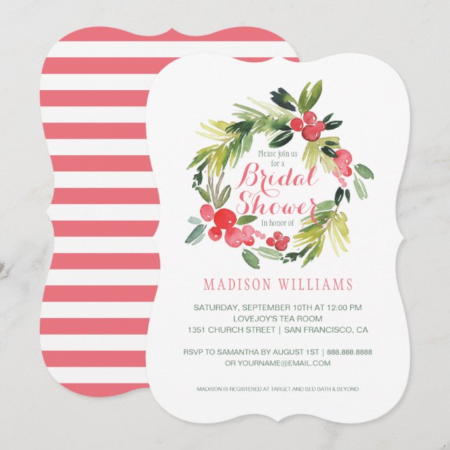 Invitation Hiver Floral Aquarelle Wreath | Fête des mariées (Devant / Derrière)