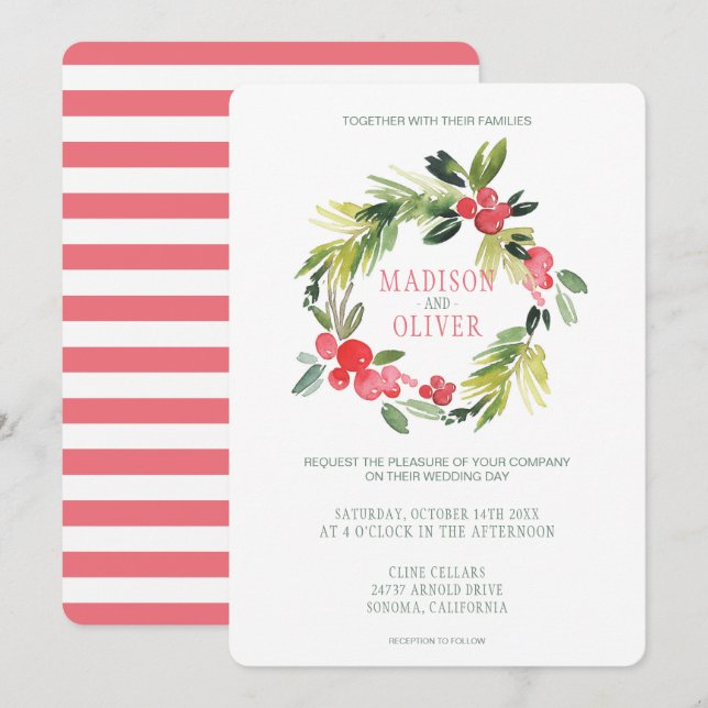 Invitation Hiver Floral Aquarelle Wreath | MARIAGE (Devant / Derrière)