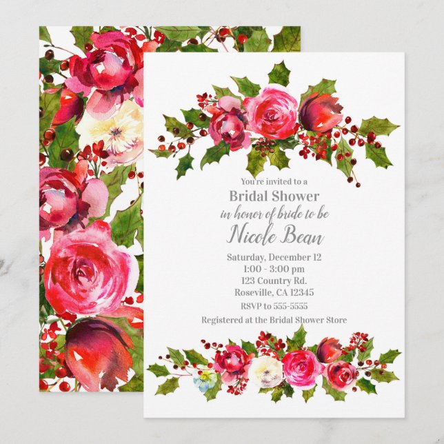 Invitation Hiver Floral Holly Berry Fête des mariées de vacan (Devant / Derrière)
