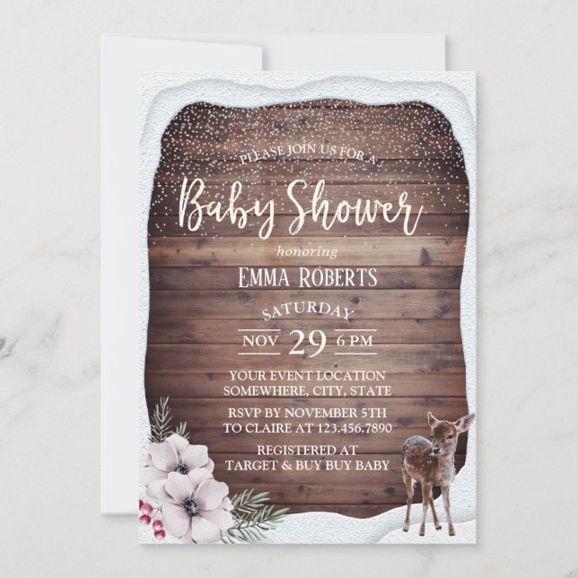 Invitation Hiver Floral mou Baby shower cerf (Devant)