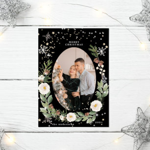 Invitation Hiver Floral Wreath Photo Happy Holiday Card
