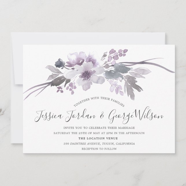 Invitation Hiver Gris Moderne Floral Mariage (Devant)