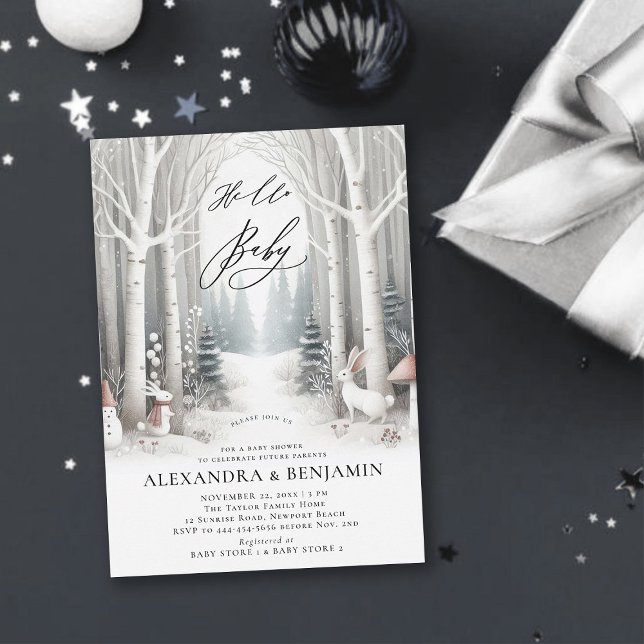 Invitation Hiver Lapins blancs Chic Coed Baby shower neutre (winter baby shower invitation neutral white wonderland enchanted forest woodland rabbit cute coed)