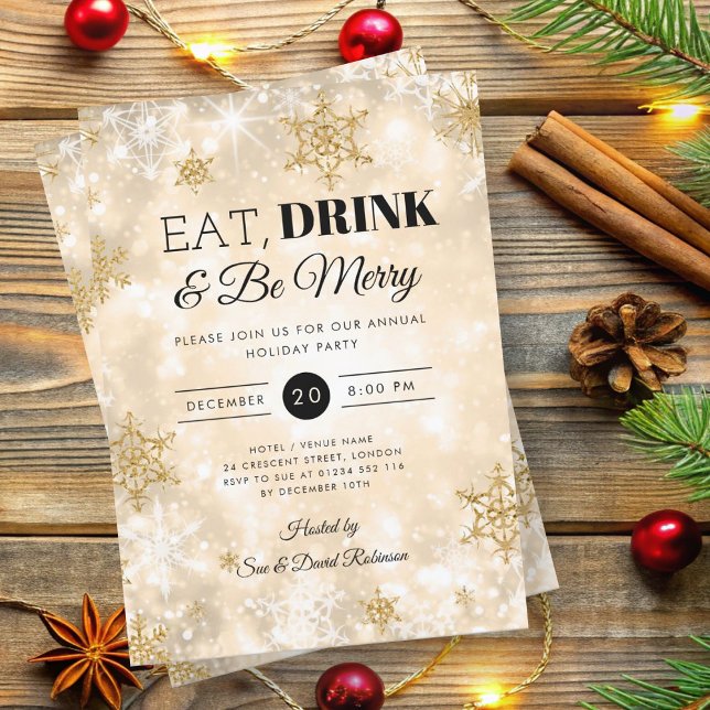 Invitation Hiver "Manger & Boire" Gold Fête de Noël (Winter "Eat & Drink" Gold Holiday Christmas Party Invitation)