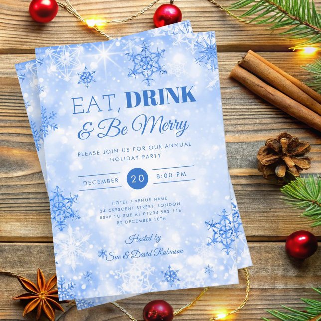 Invitation Hiver "Mangez et buvez" Marine Bleue Fête Noël (Winter "Eat & Drink" Navy Blue Holiday Christmas Invitation)