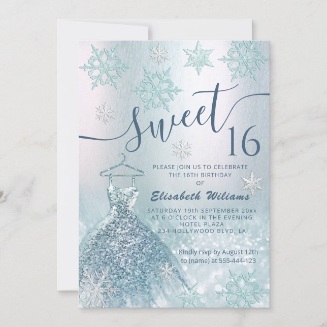 Invitation Hiver merveilleux bleu robe gliterie ombre (Devant)