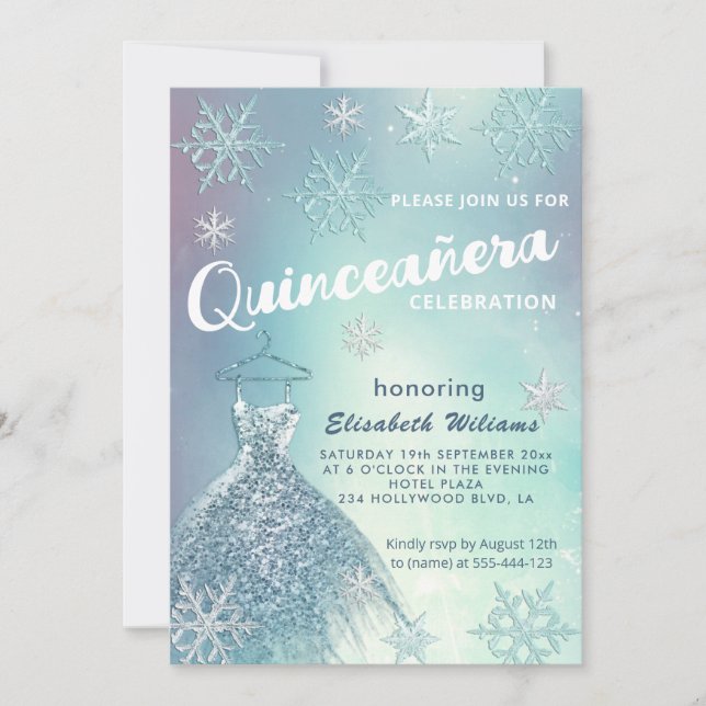 Invitation Hiver merveilleux bleu robe gliterie Quinceañera (Devant)