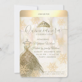 Invitation Hiver merveilleux Gold snowflake bokeh Quinceañera