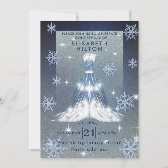 Invitation Hiver merveilleux snowflakes robe sweet sixteen (Devant)