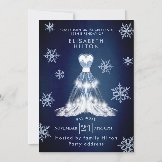 Invitation Hiver merveilleux snowflakes robe sweet sixteen (Devant)