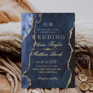 Invitation Hiver moderne Moody Mariage d'âge bleu et or
