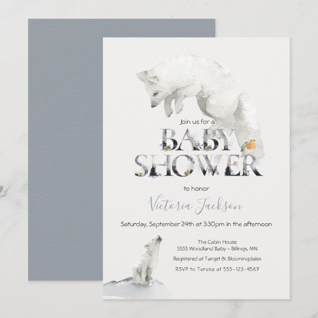 Invitation Hiver Neige Artic White Fox baby shower (Devant / Derrière)