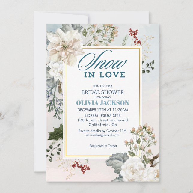 Invitation Hiver neige bleue poussiéreuse en amour Douche nup (Devant)