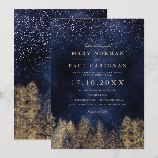 Invitation Hiver neige marine pins bleus mariage de forêt (Devant / Derrière)