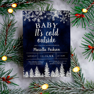 Invitation Hiver Noël argent pin neige baby shower marine
