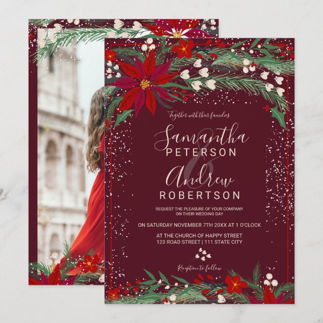 Invitation hiver Noël rouge floral neige photo mariage (Devant / Derrière)