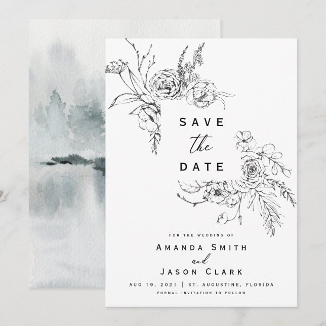 Invitation Hiver noir et blanc Enregistrer la date Mariage (Devant / Derrière)