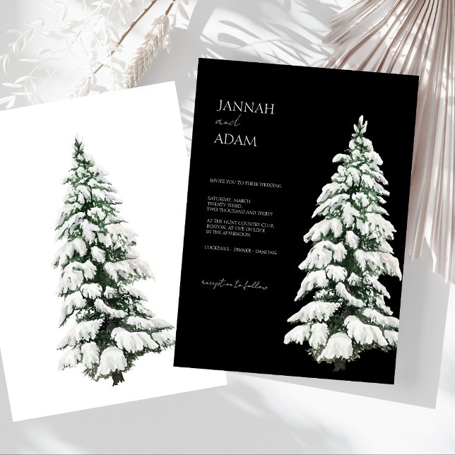 Invitation Hiver Noir Neige Arbre de Noël Mariage (Winter Black and White Snowy Pine Tree Wedding Invitation)