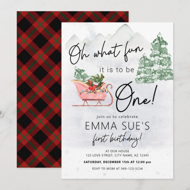 Invitation Hiver Oh Quel plaisir Noël Sleigh Premier annivers (Devant / Derrière)