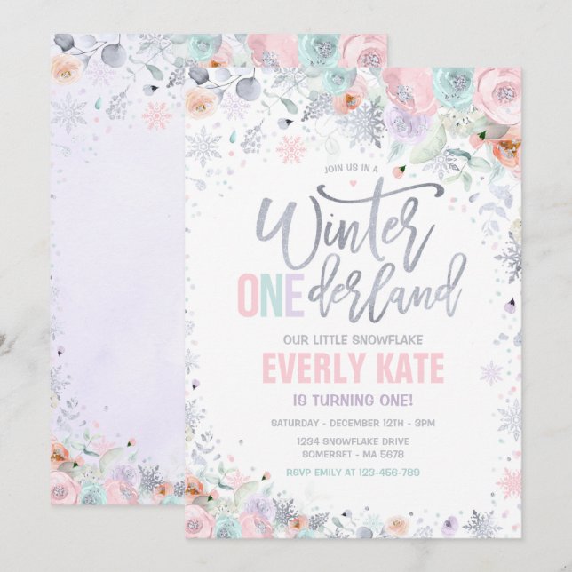 Invitation Hiver ONE derland 1er anniversaire Argent Lilac ro (Devant / Derrière)
