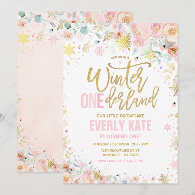 Invitation Hiver ONE derland 1er anniversaire Gold Peach rose (Devant / Derrière)