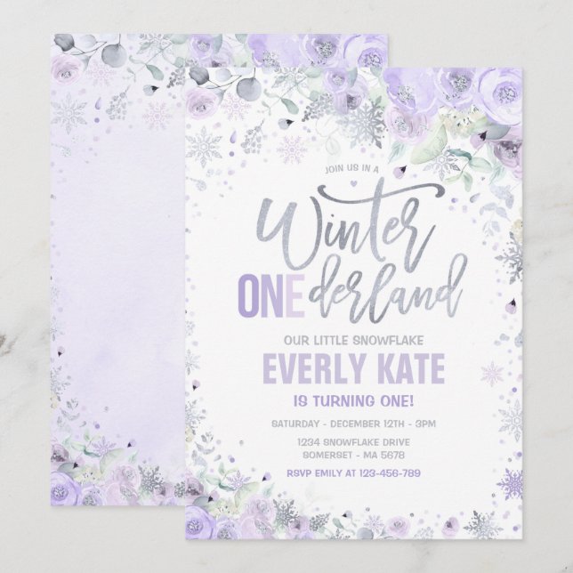 Invitation Hiver ONE derland 1er anniversaire Silver Lilac Pu (Devant / Derrière)