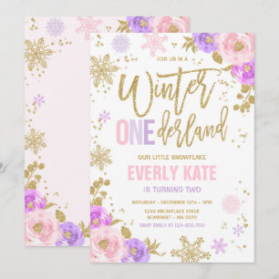 Invitation Hiver ONE derland Anniversaire Gold Pink Snowflake