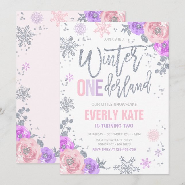Invitation Hiver ONE derland Anniversaire Silver Pink Snowfla (Devant / Derrière)