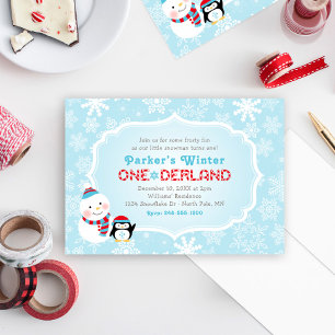 Invitation Hiver ONE derland Anniversaire Snowman et Penguin