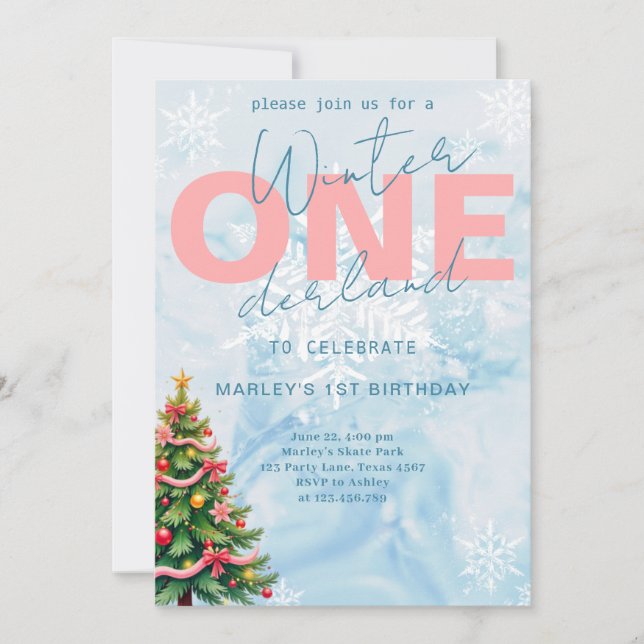 Invitation Hiver ONE derland Arbre neige bleu 1er anniversair (Devant)