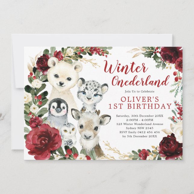 Invitation Hiver ONE derland Arctique Animaux Floraux Anniver (Devant)