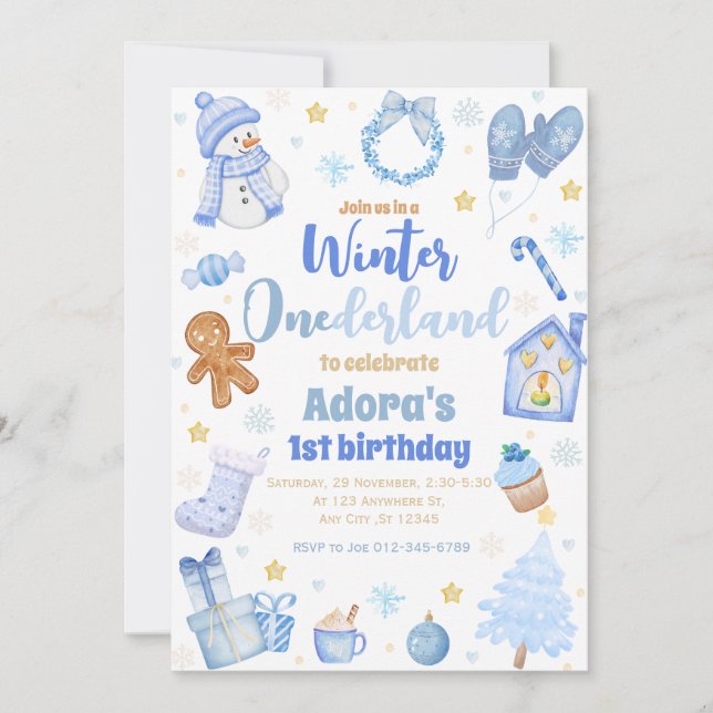 Invitation Hiver ONE derland Bleu Noël Anniversaire Invitatio (Devant)