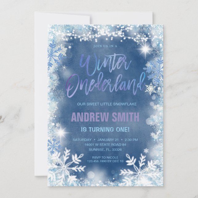 Invitation Hiver ONE derland Blue Snowflakes Anniversaire (Devant)