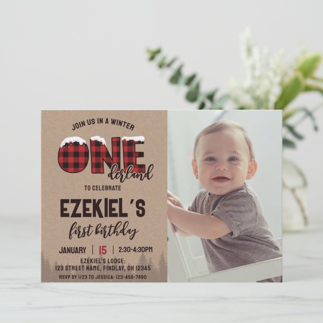 Invitation Hiver ONE derland Buffalo Plaid Birthday Photo (Debout devant)